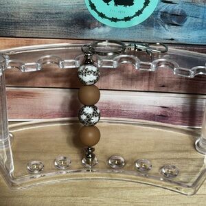 Brown and White Beaded Keychain